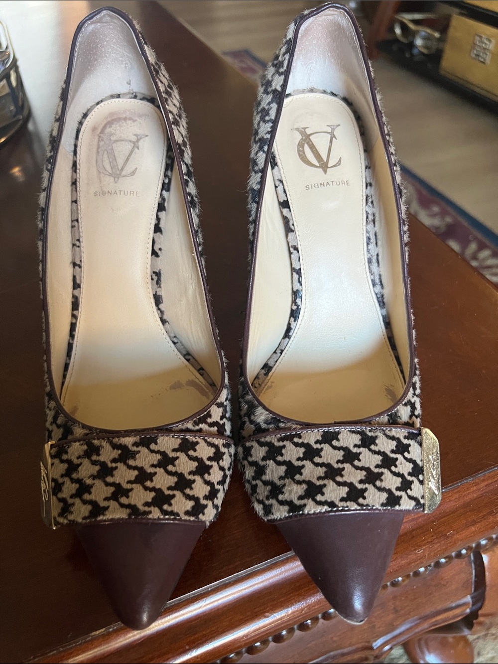 Vera Curio Signature Women's Pointed Toe Houndstooth Pumps in Brown and Tan